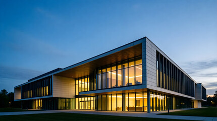 Obraz premium Cutting-Edge Quantum Research Facility Exterior at Dusk – Modern Architecture for Future Technology, Innovation, and Enterprise Business Solutions