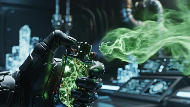 Mysterious hand holding a glowing green vial in a futuristic laboratory setting.