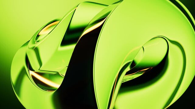 Abstract green glass shape moving in fluid motion with glossy reflections and dynamic light transitions