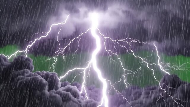 Green Screen thunder storms motion graphic effects on background scene 1 with distortion, overlay, glitch, static noise, scan lines black background, 4k animated video loop