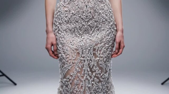 Close up portrait of a runway model wearing a breathtaking intricately beaded sheer silver evening gown during a studio photoshoot session.