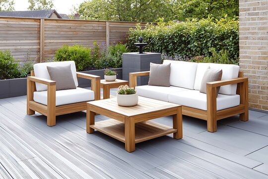 Comfortable outdoor furniture set in a stylish garden courtyard with greenery backdrop