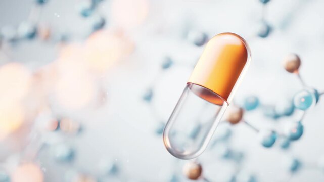 3D rendering of clear capsule with orange cap on background of molecular structures in motion