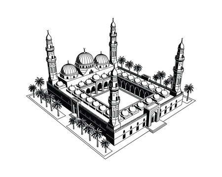 A detailed vector perspective view of the Quba Mosque with its architecture and surrounding palm trees.