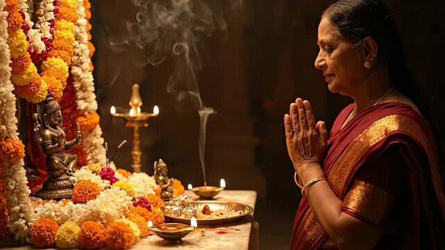 A dramatically lit indian grandmother praying devoutly with folded hands near a warm, spiritual hindu shrine.
