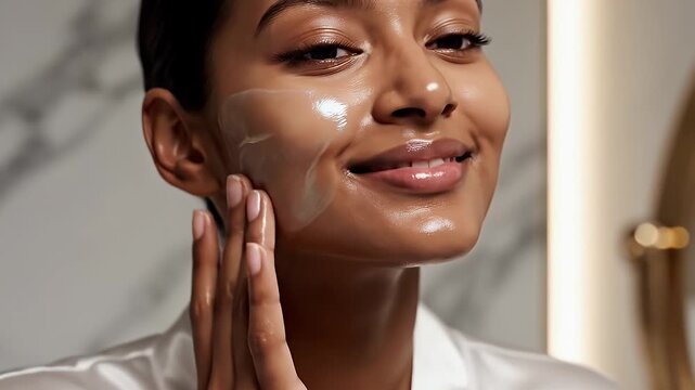 Woman Applying Skincare Product to Face, Beauty Routine, Self-Care, Wellness.