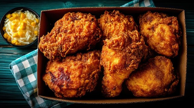 A box of golden-brown fried chicken alongside a side of creamy corn and a checkered cloth