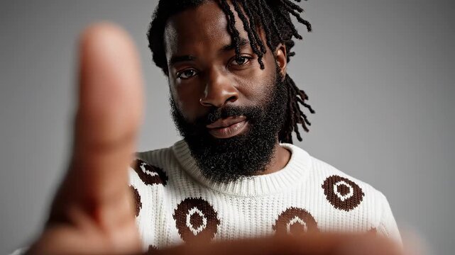 Man with dreadlocks pointing finger