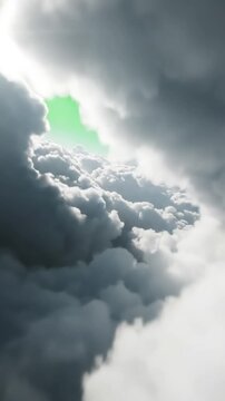 Green Screen fly into the cloud effect of flying multi layered clouds scene 4 with distortion, overlay, glitch, static noise, scan lines on black background, 4k animated video loop