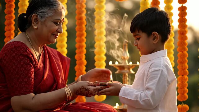 A spiritual indian grandmother guides her grandson performing a ritual near vibrant marigold garlands in warm golden light.