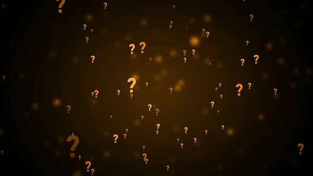 Orange question marks floating in a dark, blurred orange background with glowing particles image photo