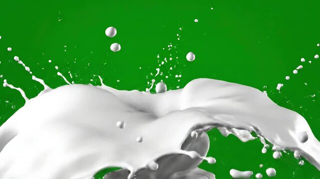 Green Screen milk splash on and transparent background 3d animation of white liquid with chroma key alpha channel prores 4444 in 4k uhd resolution included scene 1 distortion, overlay, glitch, static