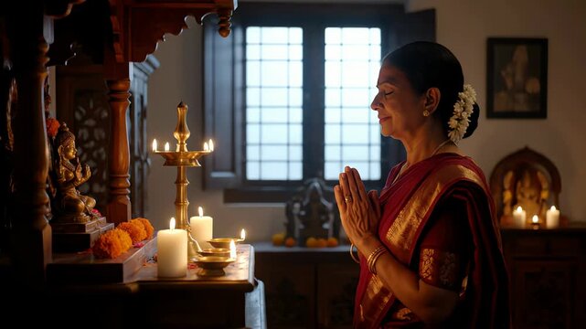 A devoted indian grandmother is seen praying at a wooden home temple, softly lit by warm candlelight in a low-key composition.