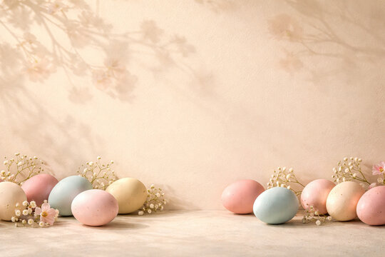 pastel easter eggs arranged across warm beige background with subtle floral shadows, minimal spring composition using soft pink, yellow, and blue tones, designed for clean seasonal messaging