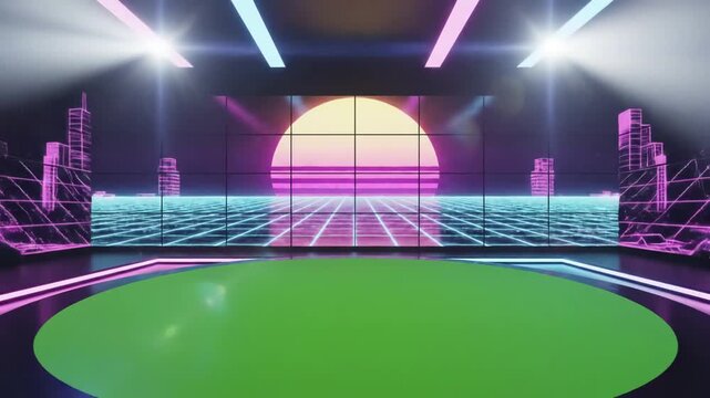 Green Screen new retro wave virtual background with an old style videowall angle view tv backdrop ideal for tech shows games or music events 3d render suitable on vr tracking systems scene 4