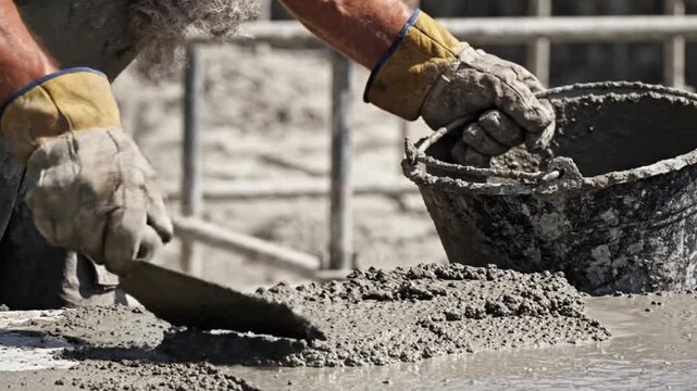 Construction worker applying wet cement with trowel and gloves in a realistic industrial setting with metal framework