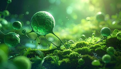 A green, glowing, iridescent sphere amidst mossy terrain and orbs