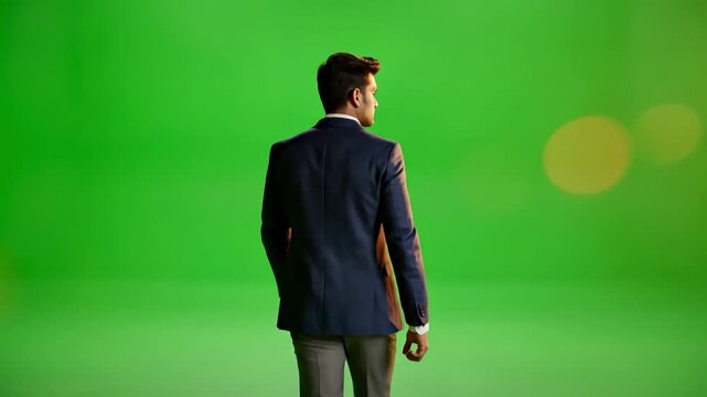 Green Screen man walking away chroma key copy space studio scene 4 with distortion, overlay, glitch, static noise, scan lines on black background, 4k animated video loop