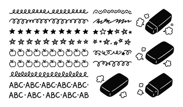 Black and white school doodle collection of erasers, borders, stars, apples and lettering illustrations.