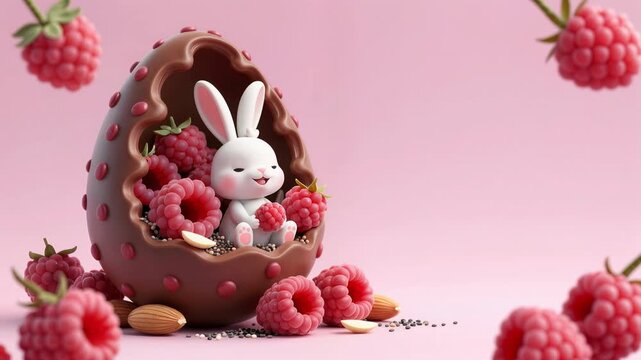 CGI illustration of a white bunny with pink cheeks, sitting inside a broken chocolate egg filled with raspberries and small almonds