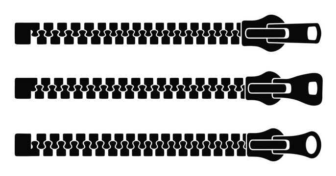 Black and white zippers vector illustrations, graphic vector set with three closed zippers.