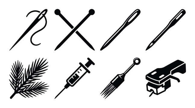 Black glyph icons of sewing, medical and hobby objects: needles, syringe, branch and record player headshell.