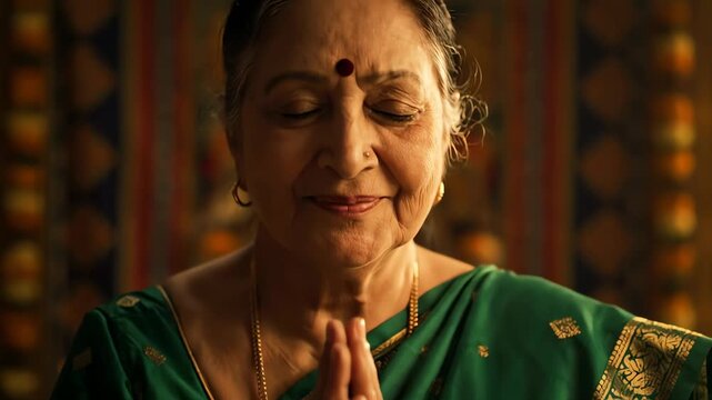 A serene indian grandmother praying with hands in namaste, captured in a warm, cinematic close-up indoors.