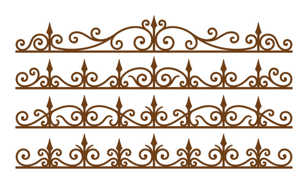 Brown wrought iron fence borders vector set, Ornamental scrollwork elements for fence, frame, decor, border.
