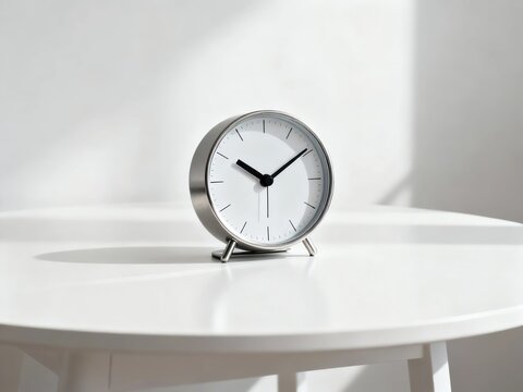 Minimalist round analog clock on a white table in a bright room