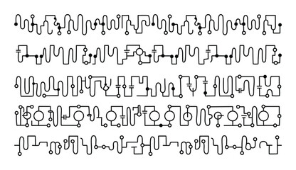 Circuit diagrams, electrical components with circuit lines. Vector patterns, hand-drawn schematic designs.