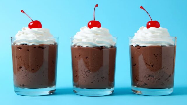 Three chocolate mousse dessert glasses with whipped cream and a red cherry.