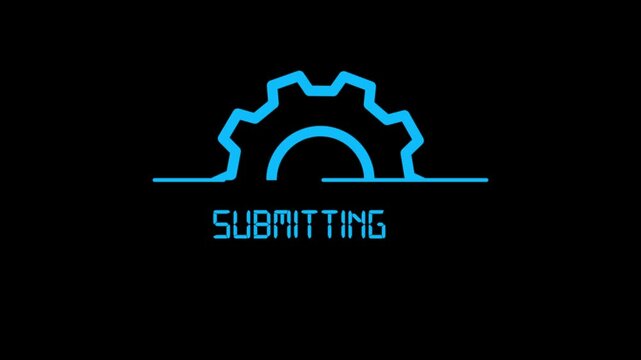 Submitting gear icon animation on black background, data submission progress indicator, technology system form processing