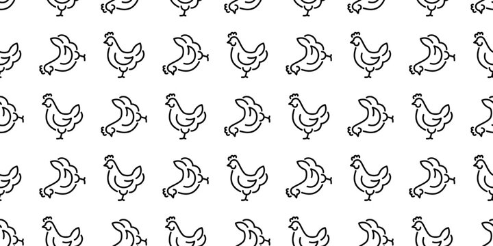 Chicken seamless pattern. Repeating vector background with hand drawn chicken symbols. Minimal linear farm illustration for packaging, branding and textile design.