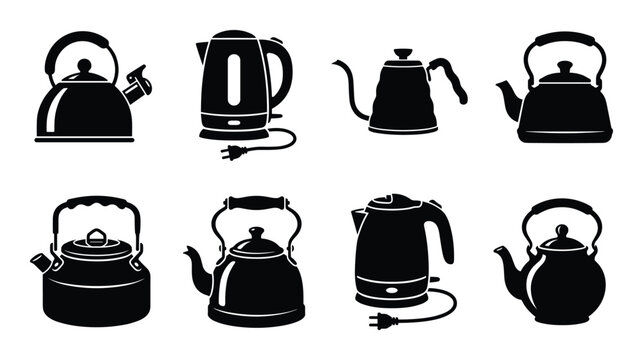 Collection of different kettle icons. Tea kettle and electric kettle shapes, black and white design.