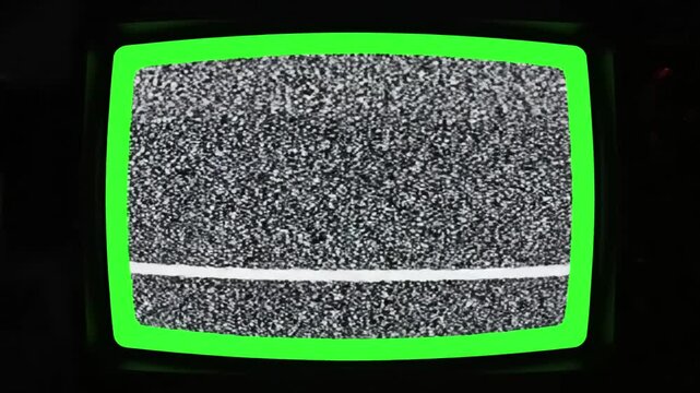 Power On/Off Screen Effect with tv turned on and off static sound distortion, green overlay, glitch, noise, scan lines black background, 4k animated video loop
