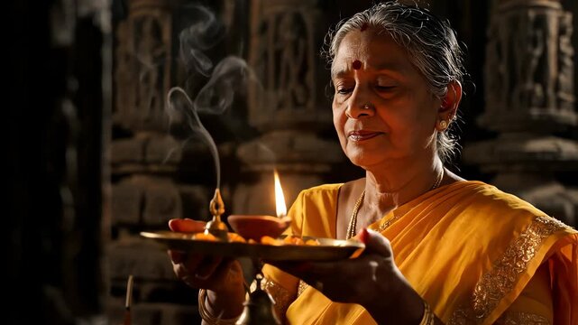 Close-up of an indian grandmother performing a golden-lit aarti ritual inside a dark hindu temple.