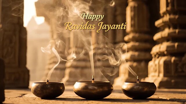 Happy Ravidas Jayanti greeting with burning incense lamps and smoke in a temple.