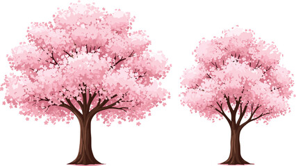 Pink cherry blossom trees with sakura flowers isolated spring floral landscape nature plant elements decorative vector illustration set