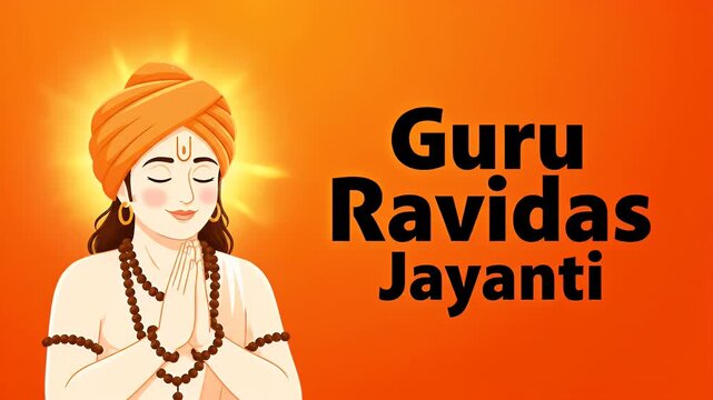 Illustration of Guru Ravidas in prayer for his Jayanti on an orange background.