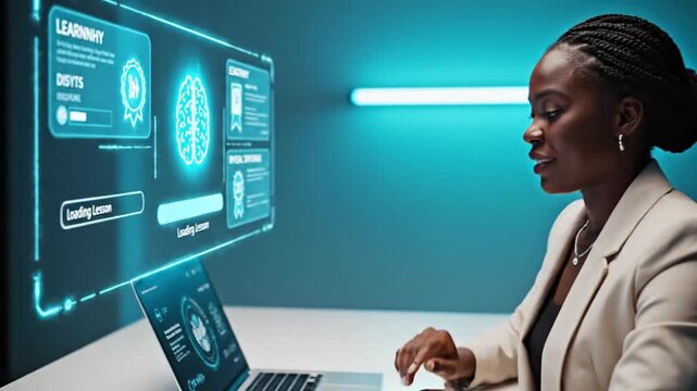 A professional Black woman uses an advanced AI-powered holographic interface for personalized learning and skill development, embodying future education and digital transformation in a modern tech...