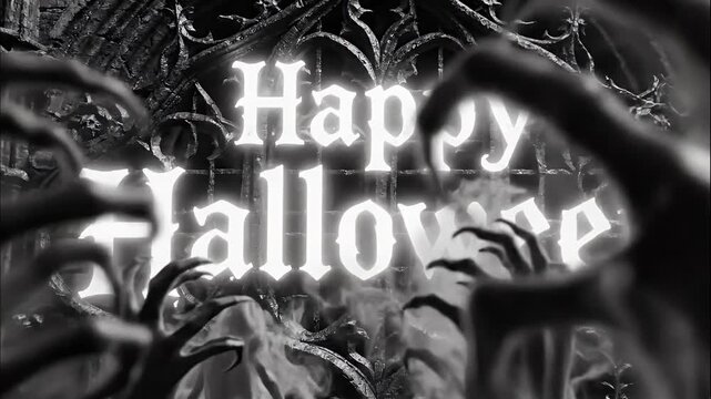 Spooky monochrome Halloween greeting with zombie hands reaching past a gate.