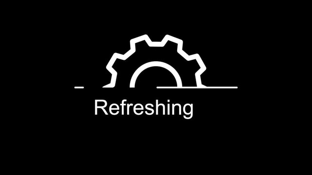 Refreshing gear icon animation on black background, system reload progress indicator, technology software interface update