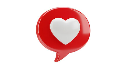 3D red speech bubble icon with a white heart inside, symbolizing love, messages, and social media engagement.