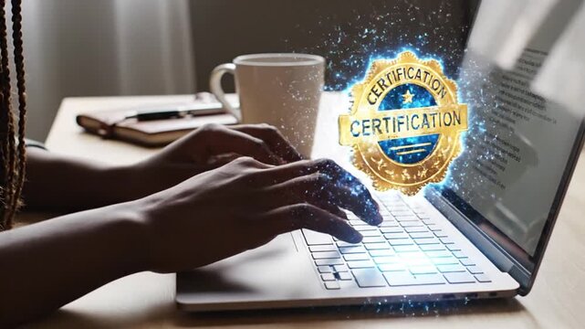 Professional woman earning online certification on laptop for career development. Digital platform for skill validation, accreditation, and quality assurance in business.