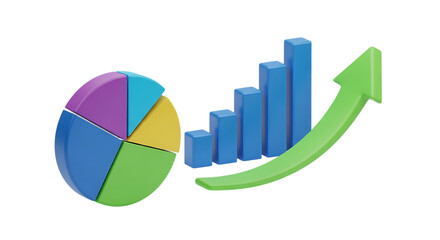 3D pie chart and bar graph with an upward arrow, illustrating positive financial growth, data analysis, and business success.