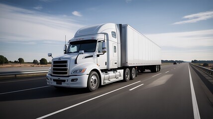A white semi-trailer truck driving on a highway under a bright blue sky, symbolizing long-haul transportation and logistics.
