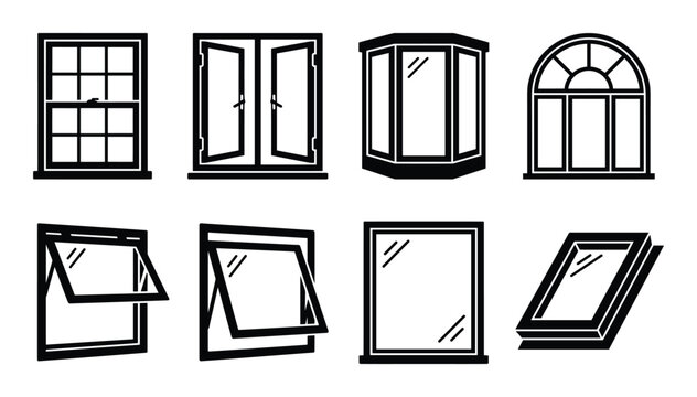 Different window types vector set. Includes casement, awning, bay, skylight, and double hung windows.