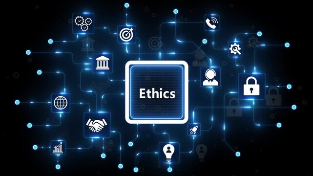 AI ETHICS and secure technology governance. businessman using digital tablet with ai ethics cybersecurity representing ethical artificial intelligence, 4k animated motion video..