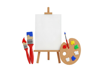 Vibrant 3D Art Studio Setup: Blank Easel, Colorful Paint Pallet, and Brushes for Creative Projects & Imagination