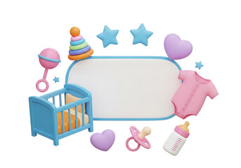 Adorable Pastel Baby Items Frame: Crib, Toys, Bottle, Clothes & Pacifier for Nursery Announcements and Themes